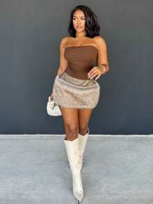 Alexandranx 女士秋冬新款人造毛皮拼布裙 - 棕色 - 查看 3