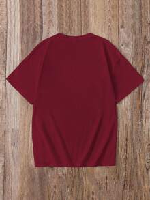 SHEIN EZwear 休闲宽松英文3D压纹图案圆领短袖女式T恤，适合夏季穿着 - 酒紅色 - 查看 2