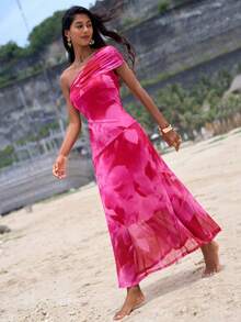 Opulessa 女士碎花连衣裙，适合海滩/度假穿着 - 玫紅色 - 查看 6