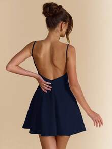 SHEIN BAE 白色纯色无袖A字露背优雅连衣裙，适合度假、约会、音乐节、生日、早午餐、婚礼宾客、伴娘等场合，露背设计，白色连衣裙 - 藏蓝色 - 查看 2