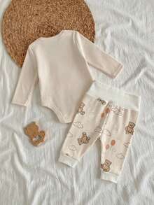 Loomiva Newborn Baby Girl/Boy Cartoon Bear Pattern Knitted Soft Crew Neck Long Sleeve Bodysuit & Elastic Waist Pants 2pcs Set - Multicolor - View 2