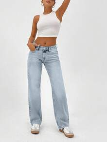 CasuGlow 100% Cotton LOW RISE  STRAIGHT FIT VINTAGE WASH Y2K STYLE JEAN - Baby Blue - View 3