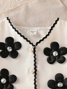 2件套少女时尚黑色3D立体花卉装饰珍珠纽扣吊带背心和阔腿裤套装，适合日常、通勤、休闲、夏季穿着。 - 杏色 - 查看 7