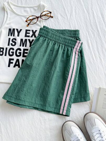 Comfortcana Plus Size Contrast Side Stripe Elastic Waist Loose Casual Sports Shorts Green Shorts Teal Shorts Elastic Waist Shorts Athletic Shorts,Back To School