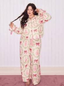 SweetSlumber 圣诞蝴蝶结印花翻领开衫，系腰长袖加大码睡衣套装 - 彩色 - 查看 1