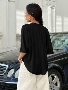 SHEIN EZwear Women's Casual Asymmetrical White Knit T-Shirt - Black - View 2