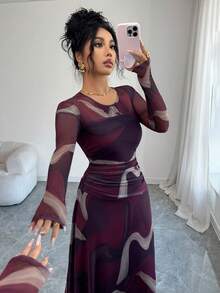 Elenzga Váy maxi dài tay dài dáng chữ A, cổ tròn, xếp ly, xếp ly eo, chất liệu lưới co giãn và vải gân, họa tiết Batik đỏ Angola, phong cách Pháp cổ điển thanh lịch, phù hợp khi đi làm, công sở, nghỉ dưỡng, thường ngày, phong cách đường phố, đa năng, tiệc tùng, giáng sinh, lễ tạ ơn, trà chiều, năm mới, thu đông - Nhiều màu - Xem 3