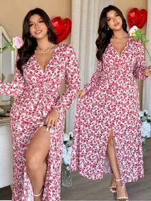 Vionelle Große Größen Damen Französischer Stil elegantes V-Ausschnitt Langarm Taille Raffung Blumen Valentinstag Kleid Kirschprint Kleid Maxi Blumenkleid V-Ausschnitt Maxi Kleid Langarm Blumenkleid Blumenkleid Damen Damen Blumenkleid Sommer Langes Kleid Blumen Wickelkleid - Verschiedenfarbig - Übersicht 1