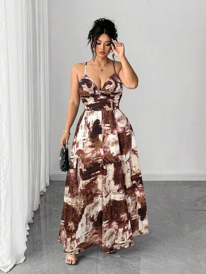 Elenzga Vestido de tirantes de fiesta y vacaciones con estampado completo, drapeado y abertura en el bajo para mujer talla grande