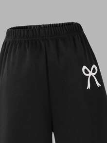 SHEIN 3 件套青少年女孩休闲装，包括带马图案的连帽拉链运动衫、白色背心和松紧腰直筒裤，秋季 - 黑色 - 查看 6