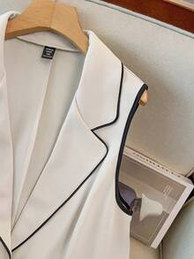 GlowEve CURVE Women's Fashionable & Elegant Contrast Trim Sleeveless Blazer And Contrast Trim Shorts Suit Set - Apricot - View 3