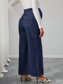 Momance Adjustable Waist Loose Fit Maternity Wide Leg Jeans, Navy Blue - Navy Blue - View 3