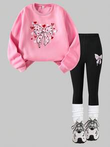 SHEIN Explorewe 2pcs/Set Teenage Girls Sweatsuit, Pink Sweatshirt With Letter & Heart Print, Black Skinny Pants, Comfortable Fitted, Suitable For Valentine's Day, Autumn/Winter And Spring - Pink - View 3