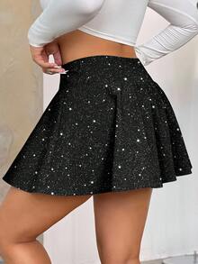 SHEIN EZwear 大码女式黑色闪亮星空印花迷你裙短裤，内置短裤和口袋，派对新年装扮 - 白色 - 查看 3