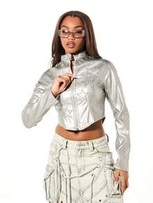 SUMWON WOMEN Metallic Panel Cropped Moto Jacket With Star Embellishments And Full Zip Closure For Fall Winter - Grey - View 1