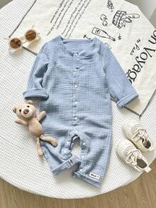 Playful Pals 新生儿V领开裆100%纯棉双层褶皱面料长袖连体衣，带裤脚收口 - 彩色 - 查看 1