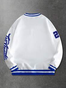 ROMWE MEN Prep Men's V-Neck Letter & Number Print Casual Versatile Commuter Long Sleeve Sweatshirt - Blue and White - View 2