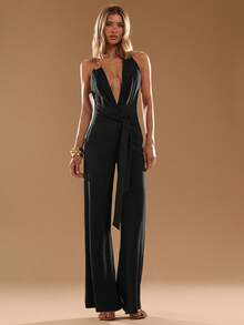 SHEIN BAE Women's Halter Neck Deep V Twist Waist Fashionable Versatile Jumpsuit For Vacation And Party - Black - View 7