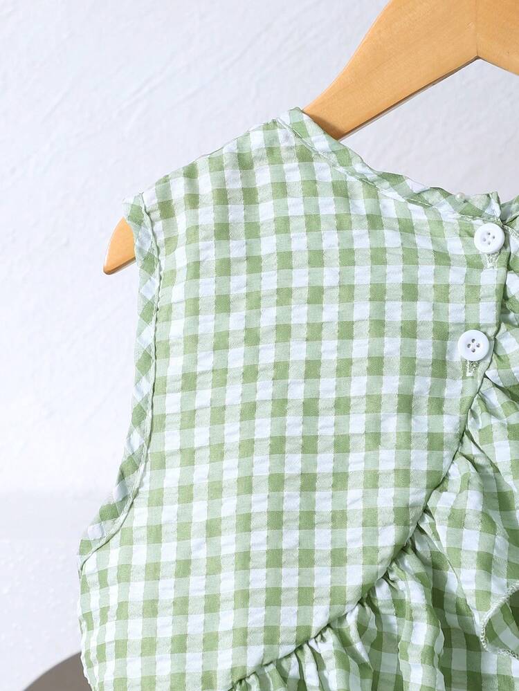 Girls Sleeveless Frill Back & Pants Summer Outfit Gingham Set Plaid Wide Leg Pants Set - Mint Green - View 7