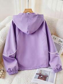 SHEIN 女童休闲百搭连帽外套，黑色，饰有白色绳结，弹性袖口，银色按扣，适合上学、通勤、外出、运动等场合，可搭配长袖上衣和裤子。 - 紫色 - 查看 2