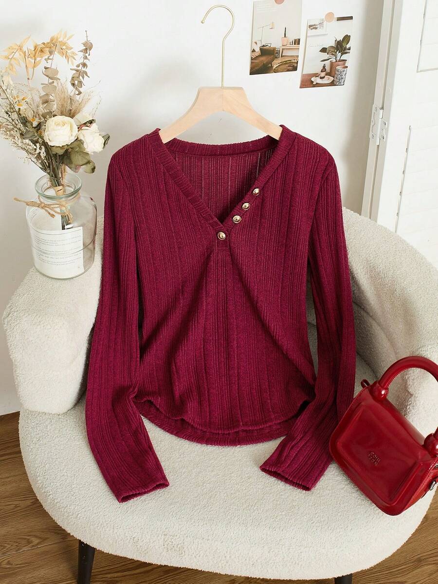 Franclia Blusa de manga larga de unicolor casual para mujer, versátil para el otoño - Burdeos - Ver 1