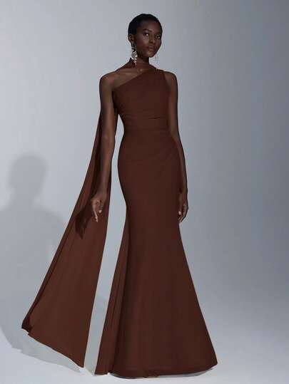 Elitara 优雅单肩斜肩雪纺垂褶连衣裙（多种穿法），垂褶设计点缀腰部，适合婚礼、伴娘礼服