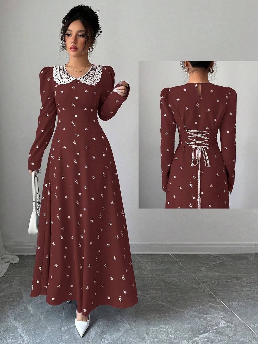 Modelyn 女士黑色花卉印花拼接领长袖A字系腰优雅花卉连衣裙 - 摩卡棕 - 查看 1