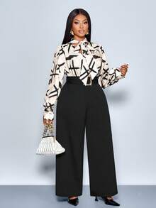 SOLERSUN 大码女装时尚条纹印花蝴蝶结长袖衬衫搭配宽松纯色腰带金属装饰长款阔腿裤两件套，简约气质两件套，职场通勤复古风，适合日常休闲穿着、野餐、约会、音乐节、情人节、毕业季、派对等场合。女士秋季服装，秋冬季必备。 - 黑色 - 查看 2