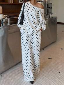 Muchica 大码女式波点印花斜肩长袖上衣和裤子休闲两件套，秋冬春季 - 彩色 - 查看 7