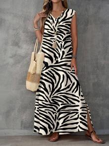 EMERY ROSE 女士优雅休闲度假派对V领斑马纹连衣裙 春季女士长款夏季连衣裙，休闲 - 彩色 - 查看 1