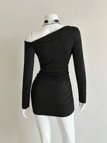 EgrlEra Vestido mini asimétrico con ojales de metal de moda para fiesta - Negro - Ver 2