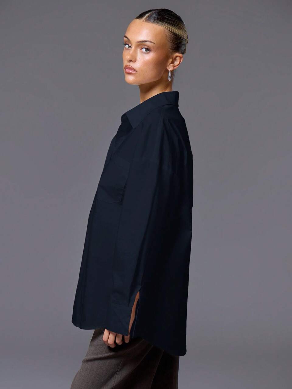 Solid Drop Shoulder Button Front Shirt OversizedElegant Spring Summer Office Work Luxury Streetwear