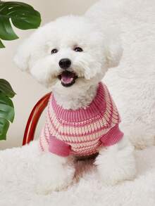 PETSIN 粉色条纹宠物毛衣，保暖狗/猫衣服，秋冬季，小型犬 - 粉色 - 查看 2