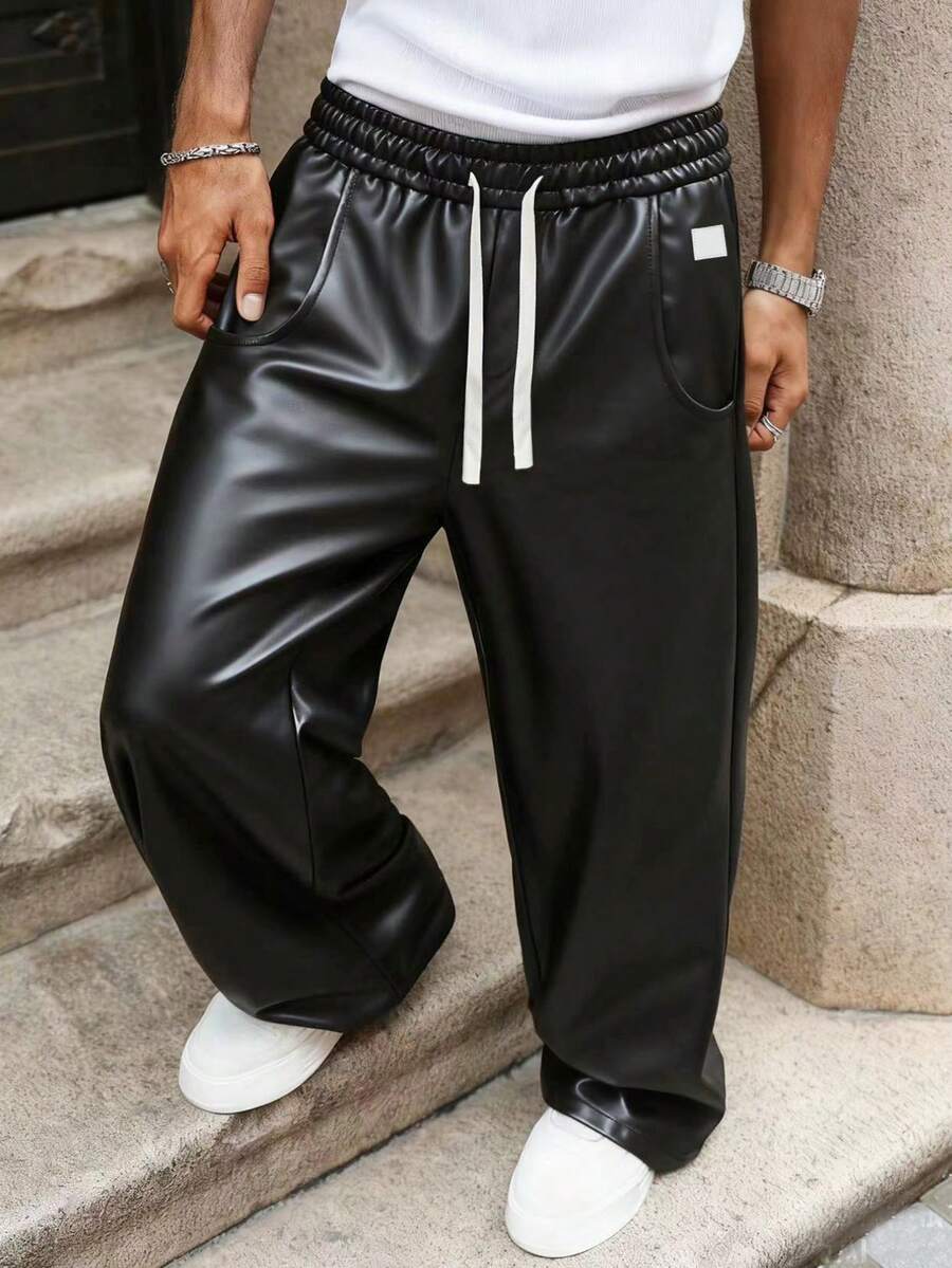 男士黑色PU皮裤，时尚直筒休闲裤，PAVTROS，Y2K，狂欢节，街头风，复古，度假，我爱我的男朋友，情人节 - 黑色 - 查看 1