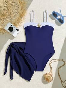 SHEIN 3 pièces/set Maillot de bain tankini et jupe pour filles, décoré d'étoiles de mer dorées avec contraste de couleurs bleu et blanc. Convient pour la plage, la piscine, le surf, les vacances et les voyages d'été - Bleu azur - Voir 1
