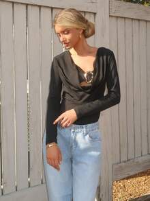 Sydney Algeri 女式优雅黑色保暖内衬深 V 领二合一金属扣装饰长袖紧身衣，秋冬