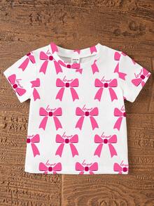 SHEIN 1 Set Baby Girls Casual Fashion Cute Bow Print Round Neck Short Sleeve T-Shirt And Leggings Shorts Set, Knitted Outfit, Spring/Summer, Suitable For Valentine's Day - Multicolor - View 6