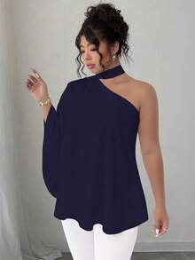 SHEIN Elenzya 大码斜领露背扎染印花衬衫 - 藏蓝色 - 查看 4