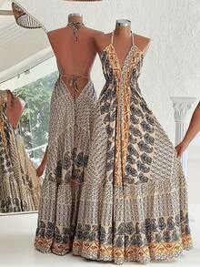 INAWLY Women's Fashion Printed Backless Halter Dress - Multicolor - View 1