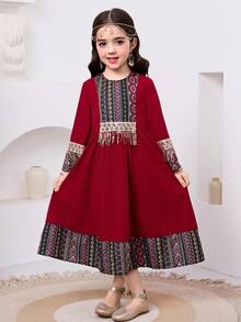 SHEIN 年轻女孩撞色编织圆领流苏休闲连衣裙 - 紅色 - 查看 5