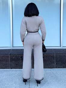 Alexandranx Costum de casă lejer din lână pentru femei, costum de casă confortabil, costum de leisure, set de două piese, seturi de casă pentru femei, 2 piese, seturi de lounge, pantaloni pentru femei, set de două piese, maro, set confortabil de două piese, set de pulover, ținute de toamnă și iarnă, set de două piese, pantaloni, set tricotat, set bej, două piese - Kaki - Vizualizare 2