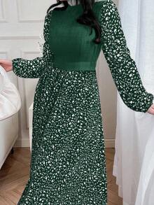 Modelyn 女式拼布碎花圆领灯笼袖优雅阿拉伯连衣裙 - 墨綠色 - 查看 4