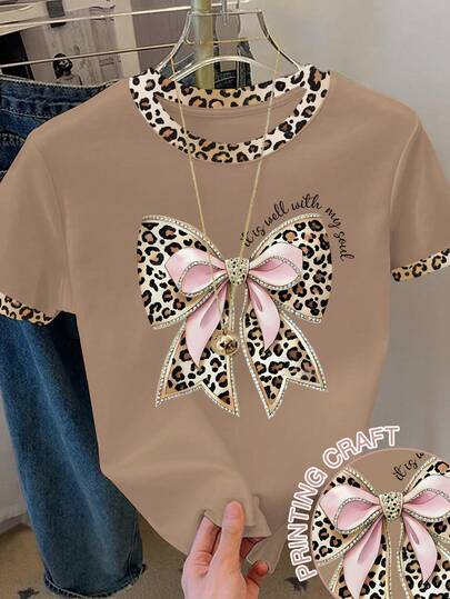 Franclia Women's Leopard Print Bow Decor Short Sleeve Round Neck T-Shirt