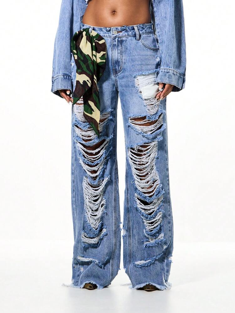 High Rise Distressed Wide Leg Jeans With Ripped Holes