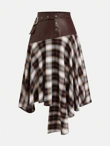 Sweetra Plus Size Fashionable Commuter Plaid Patchwork Asymmetric Hem Skirt - Multicolor - View 1