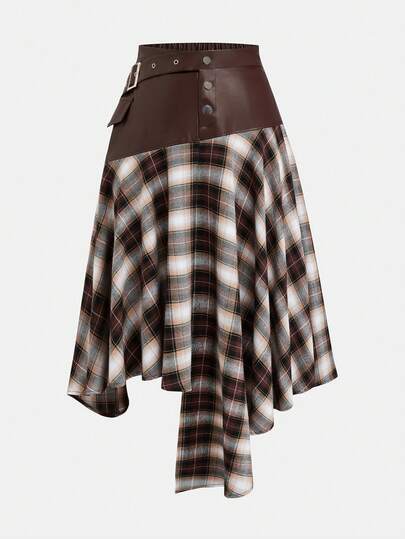 Sweetra 大码时尚通勤格子拼接不对称下摆半身裙