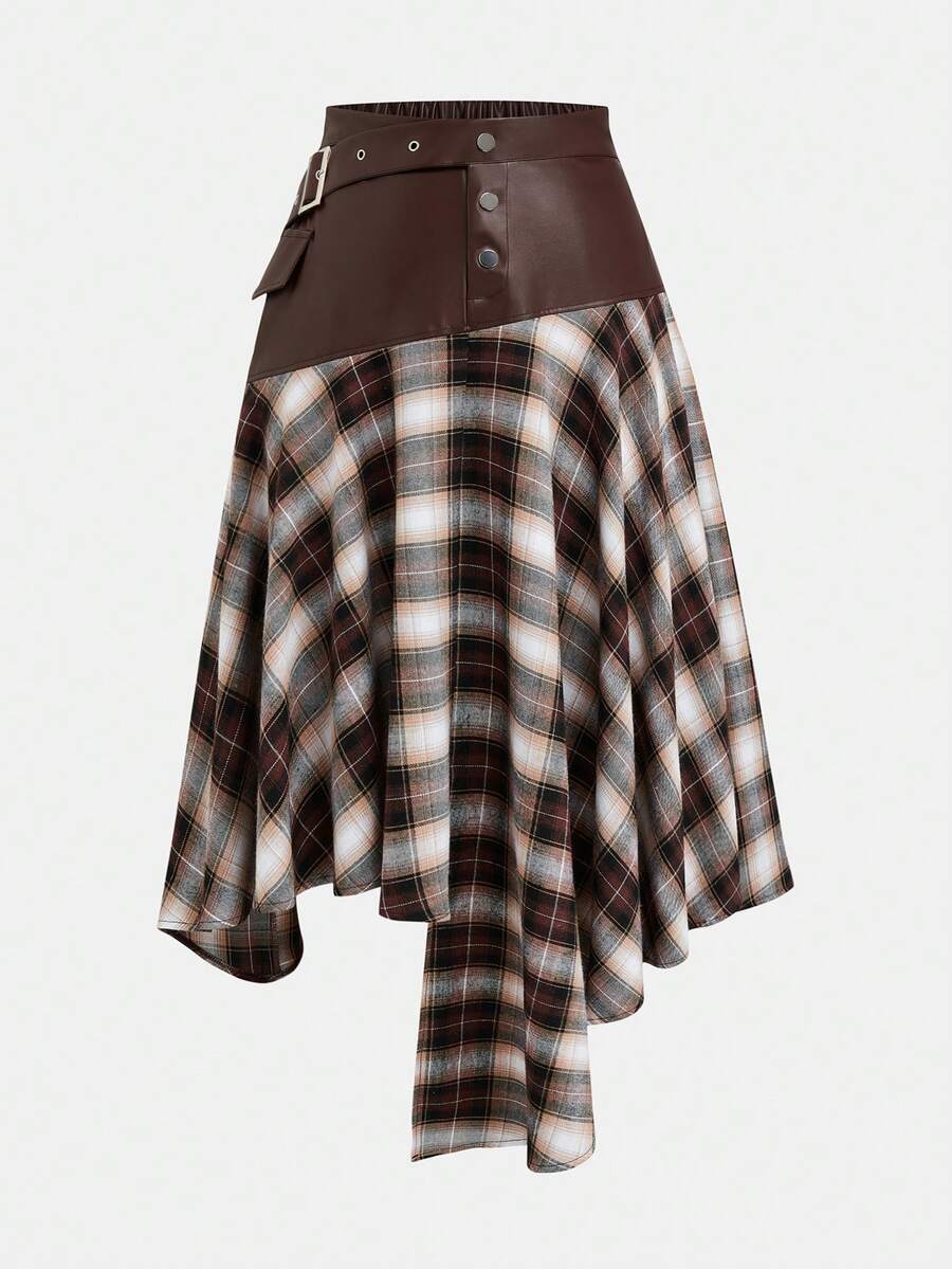 Sweetra Plus Size Fashionable Commuter Plaid Patchwork Asymmetric Hem Skirt - Multicolor - View 1
