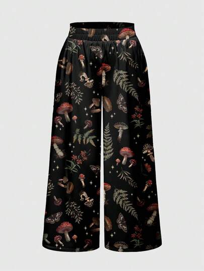 ROMWE Fairycore Plus Size Loose Mushroom, Nature, Floral, Sun, Moon, Star, Leaf Print Wide Leg Pants