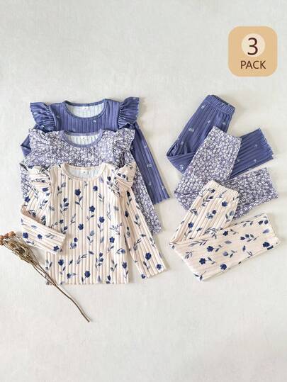 SHEIN 6件套女童圆领长袖长裤碎花休闲套装，韩版时尚可爱柔软抓绒玫瑰花印花罗纹加厚套装，适合春、秋、冬日常穿着或居家休闲。