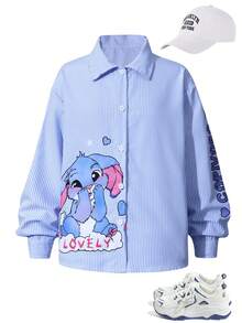 SHEIN 女童卡通人物字母印花长袖立领衬衫，适合外出、上学和通勤。 - 藍色 - 查看 4